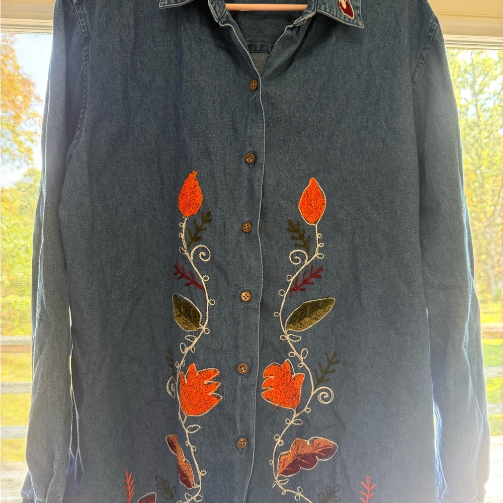 Bobbie Brooks Denim Shirt with Orange and Green Embroidery